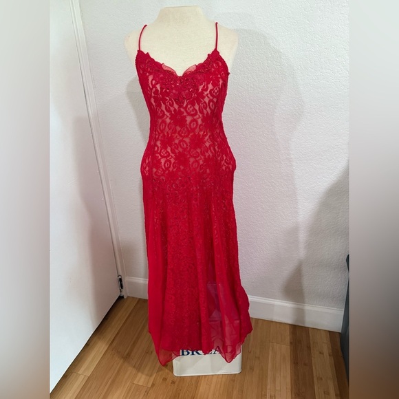 Vintage Shirley Red Floral Lace Floor Length Nightgown - Picture 2 of 15